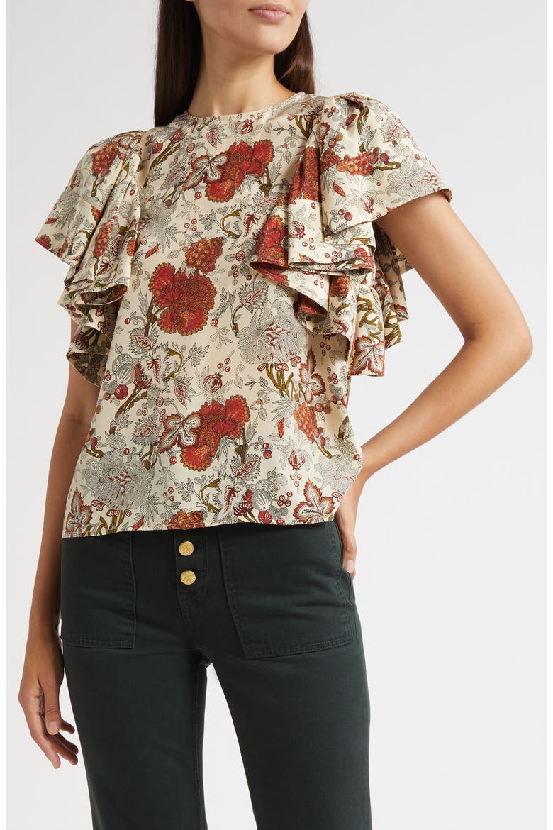 Lena Flutter Sleeve Silk Top, Main, color, WINTER GARDEN
