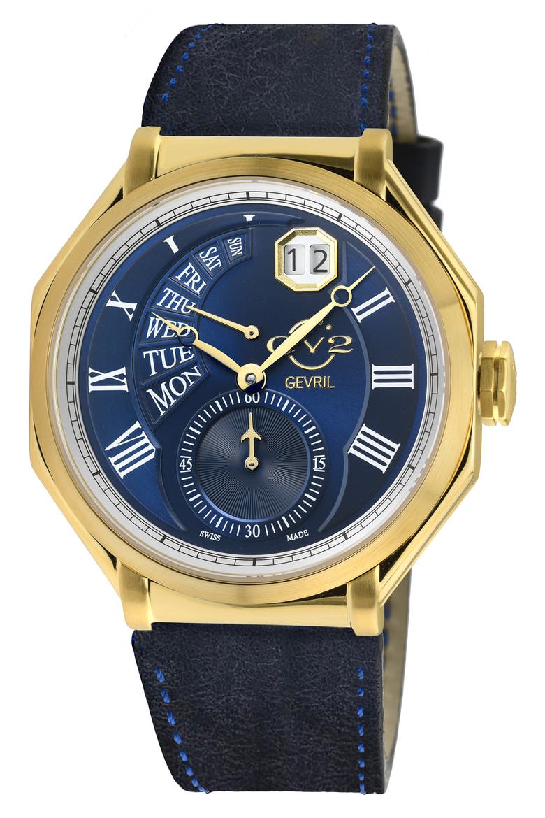 Men's Marchese Leather Strap Watch, 44mm, Main, color, BLACK
