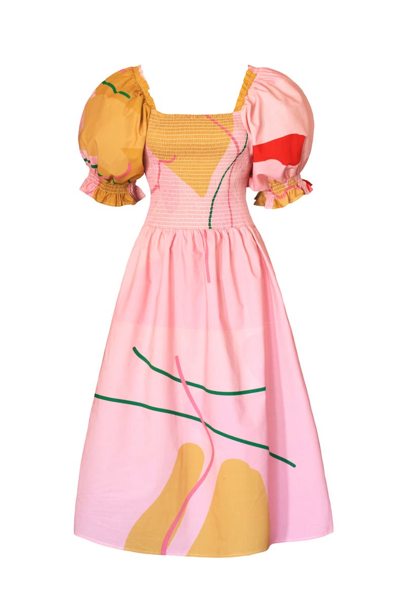 Jessie Zhao New York Valentina Abstract Smocked Pink Midi Dress, Alternate, color, 