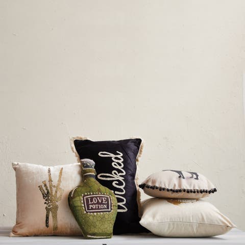 Cotton Velvet Lumbar Pillow w/ Embroidery & Fringe "Wicked"