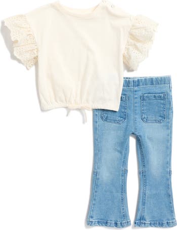 Embroidered Eyelet Top & Flare Jeans Set