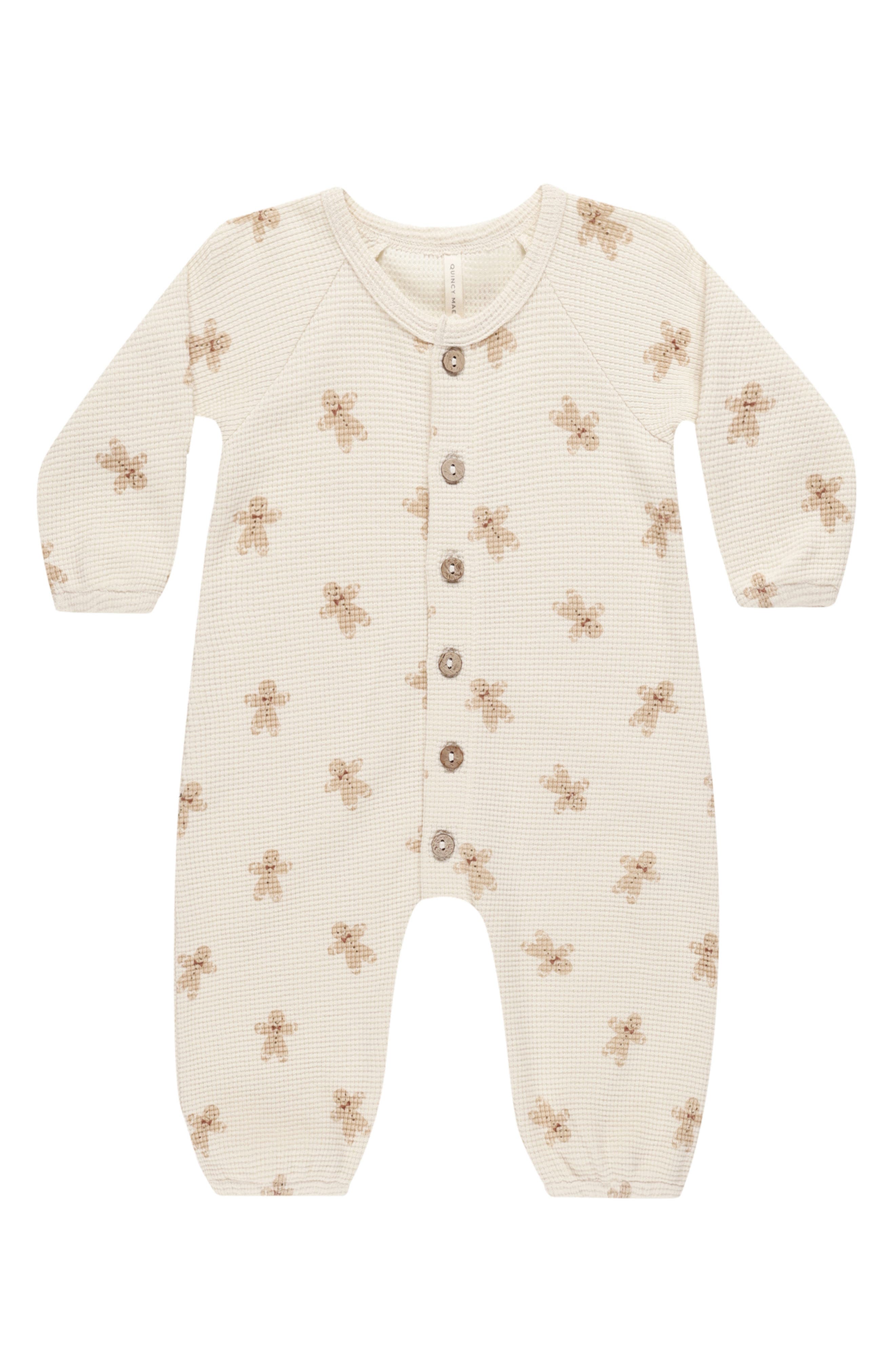 QUINCY MAE Gingerbread Man Holiday Organic Cotton Waffle Knit Romper in Natural 