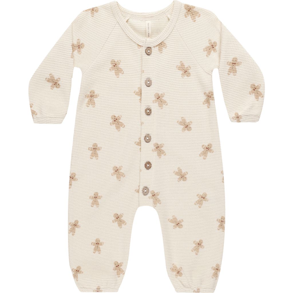 QUINCY MAE Gingerbread Man Holiday Organic Cotton Waffle Knit Romper in Natural
