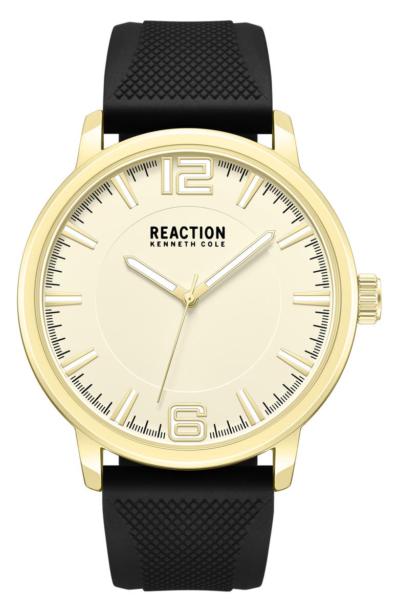 Kenneth Cole Reaction Classic Black Silicone Strap Watch, 44mm, Main, color, Yellow/ Black