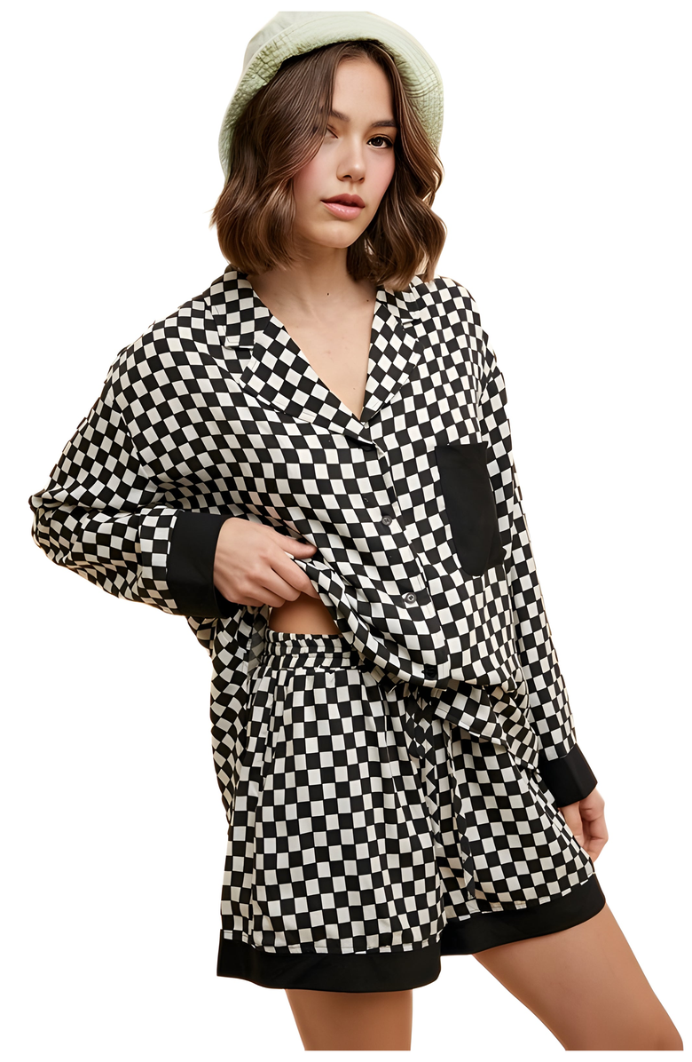 Knit and Lounge Checkerboard Print Button-Up Pajama Set, Main, color, Checkerboard
