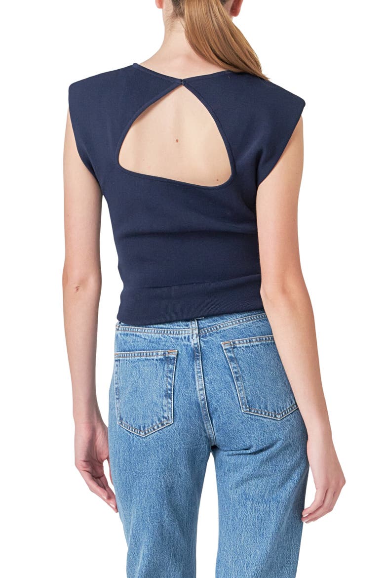 Cutout Padded Shoulder Crop Top, Alternate, color, NAVY