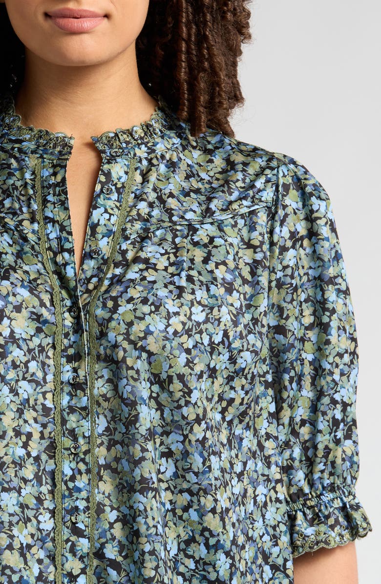 Wit & Wisdom Ruffle Lace Floral Print Top, Alternate, color, Black/ Deep Seagrass Multi