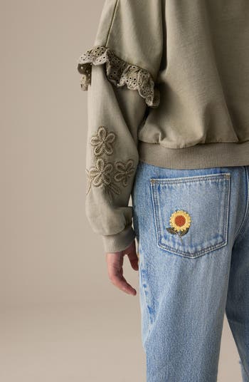 Kids' Sunflower Embroidered Straight Leg Jeans