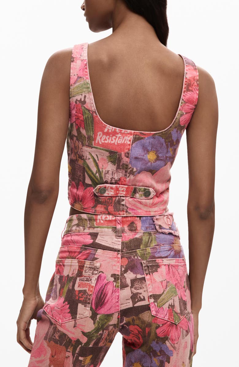 Desigual Floral Print Denim Crop Vest, Alternate, color, Pink