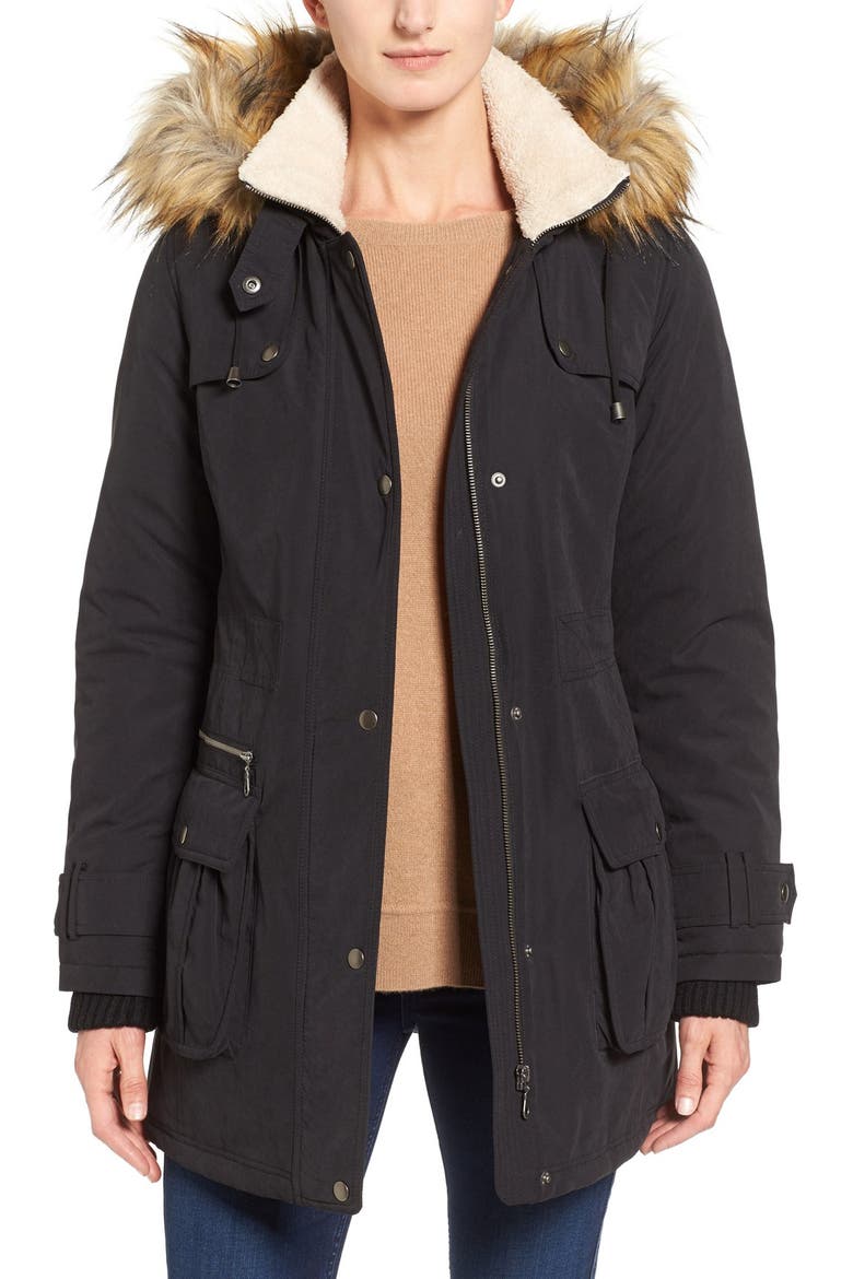 FAUX FUR TRIM ANORAK, Main, color, BLACK