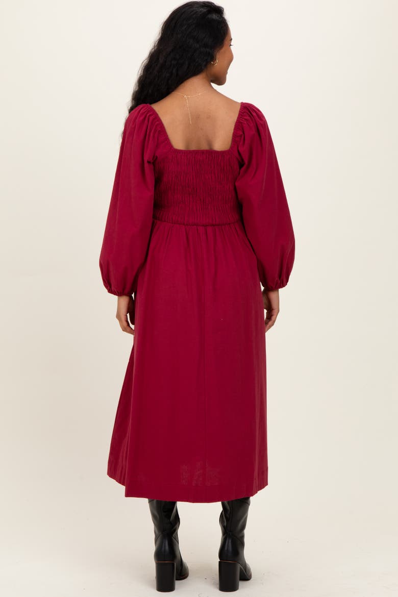 Bow Detail Smocked Midi Dress, Alternate, color, Burgundy