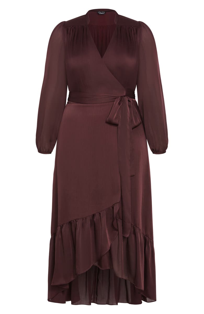 City Chic Rylie Love Long Sleeve High-Low Satin Maxi Dress, Alternate, color, Spiced Plum