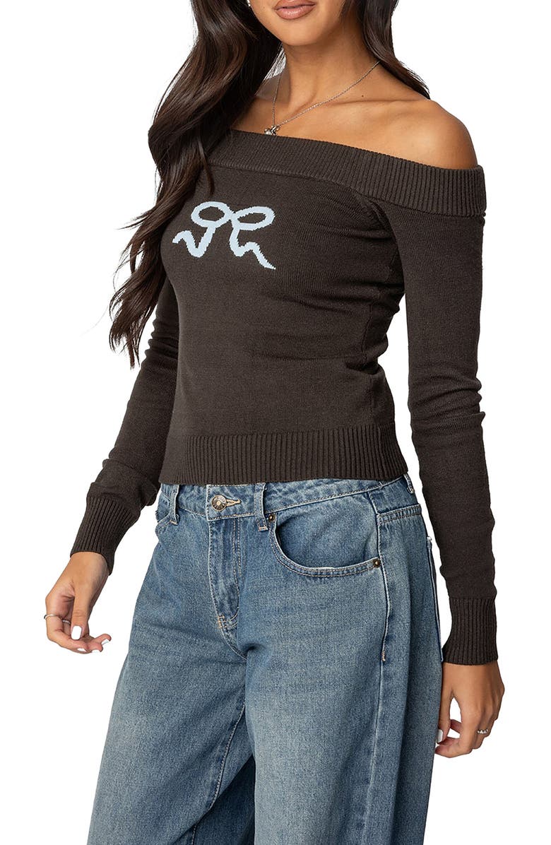 EDIKTED TJ Off the Shoulder Top, Alternate, color, Dark-Gray