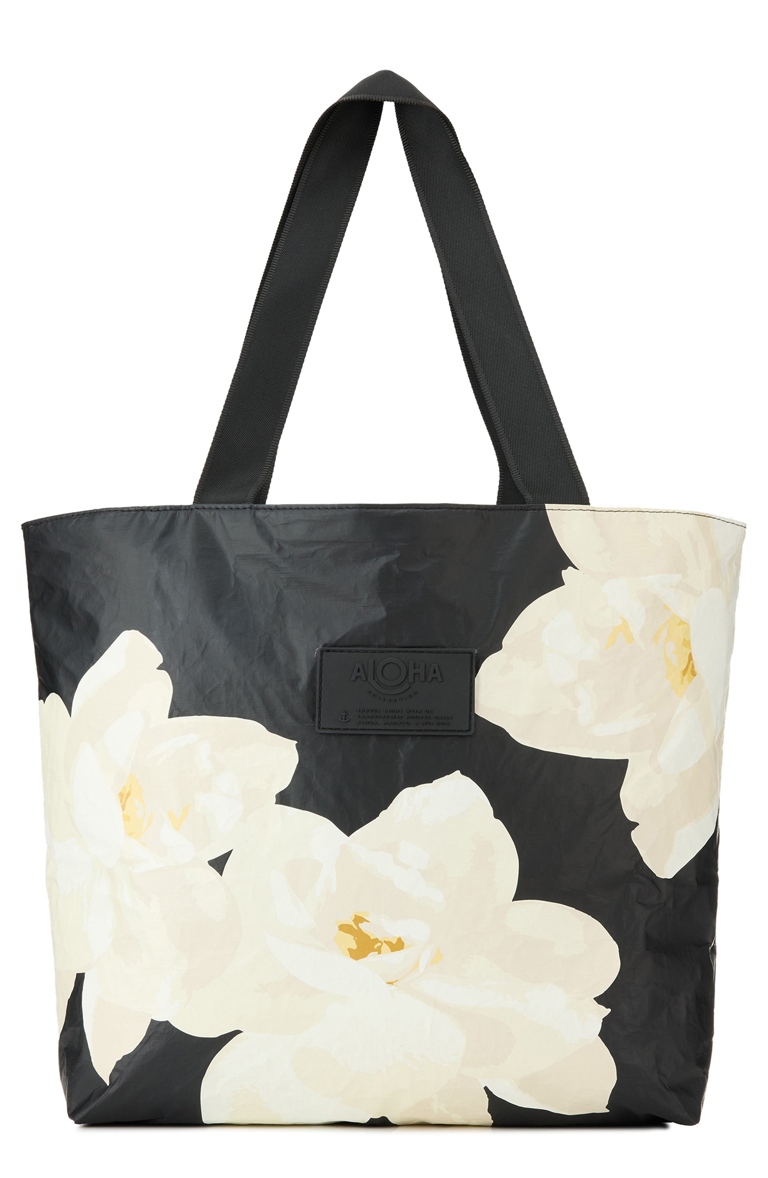 Aloha Collection Day Tripper Mohala Water Resistant Tote, Main, color, Snow/ Black