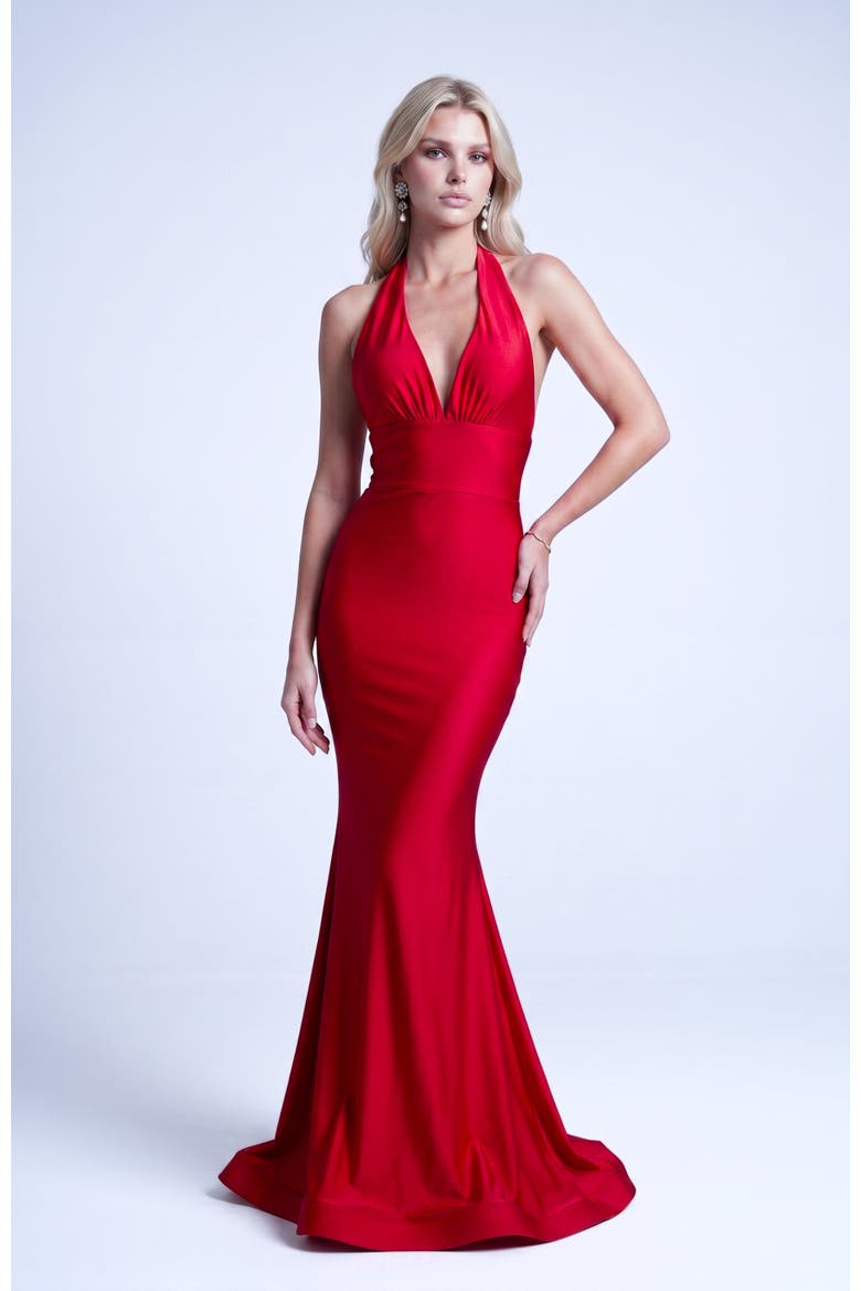 Plunge Gathered Halter Mermaid Gown, Main, color, Red
