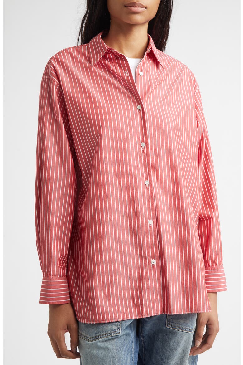 Yorke Stripe High-Low Cotton Poplin Button-Up Shirt, Alternate, color, RED AND WHITE STRIPE