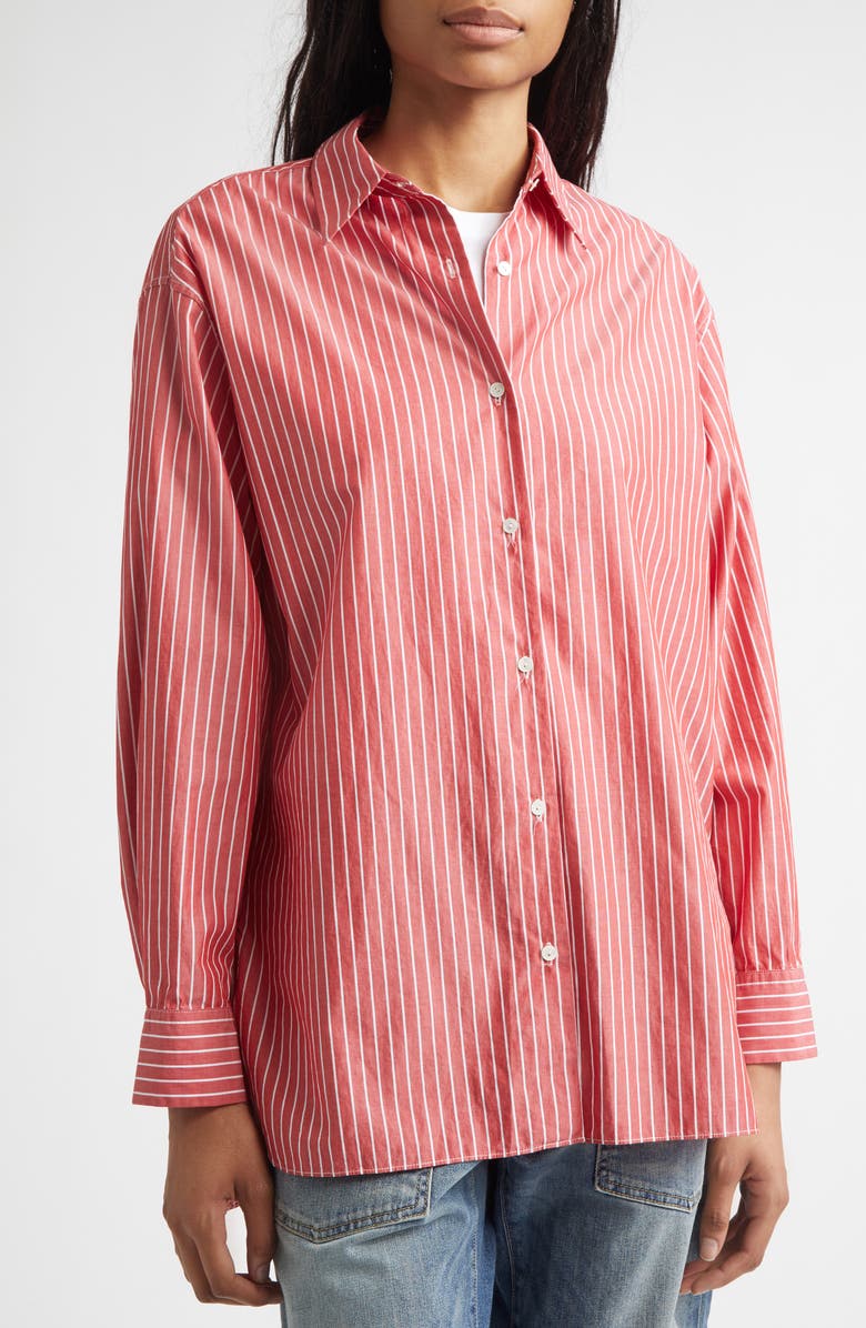Nili Lotan Yorke Stripe High-Low Cotton Poplin Button-Up Shirt, Alternate, color, Red And White Stripe