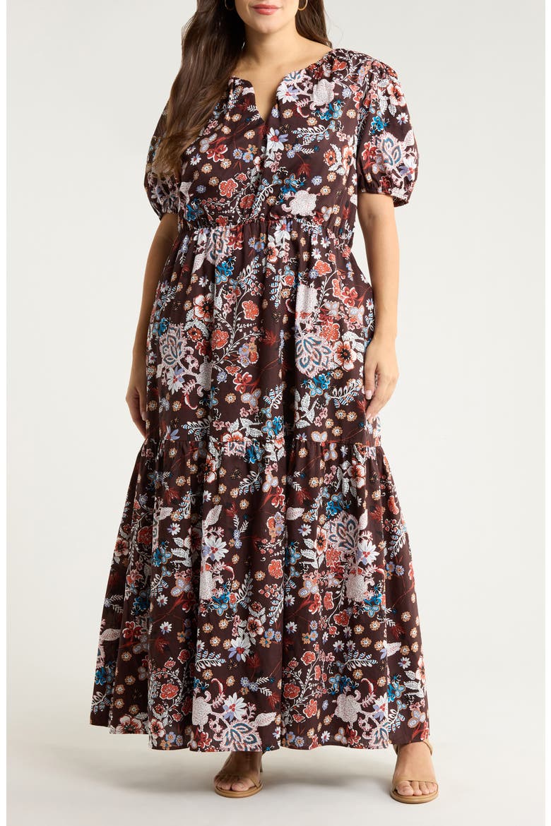 Journee Floral Print Puff Sleeve Maxi Dress, Main, color, BROWN