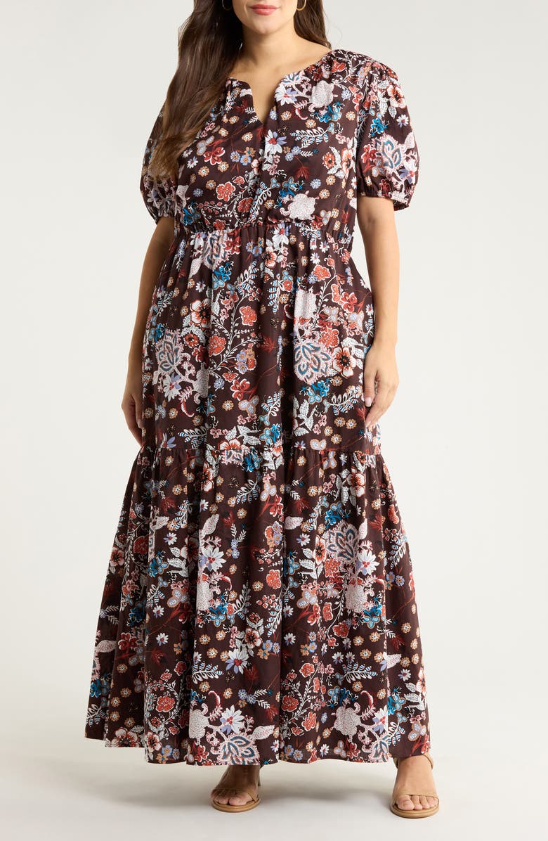 SUGARLIPS Journee Floral Print Puff Sleeve Maxi Dress, Main, color, Brown