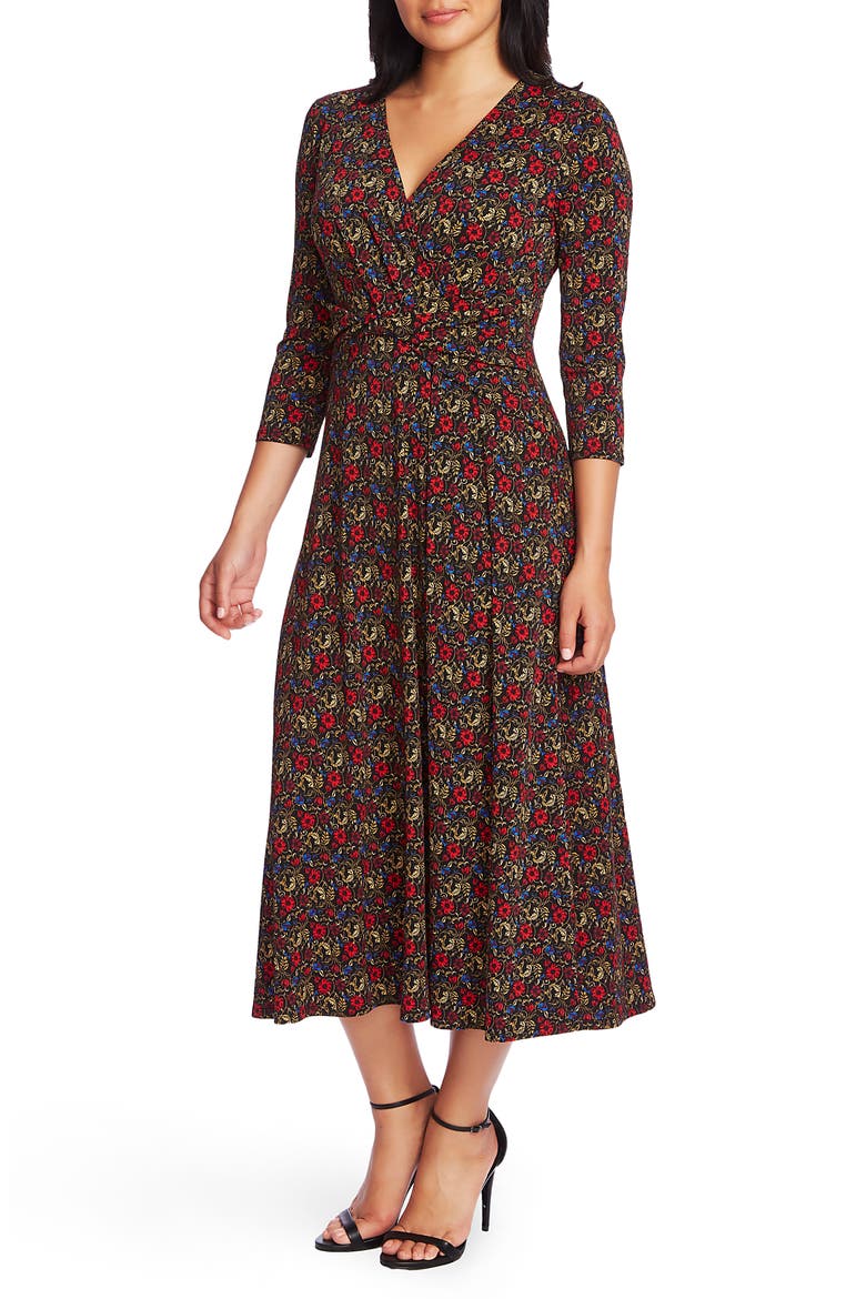 Venetian Garden Wrap Front Dress, Alternate, color, RICH BLACK