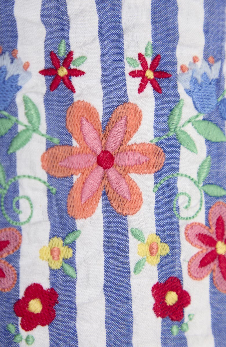 JOJO MAMAN BEBE Floral Embroidered Frill Cotton Seersucker Sundress, Alternate, color, Blue