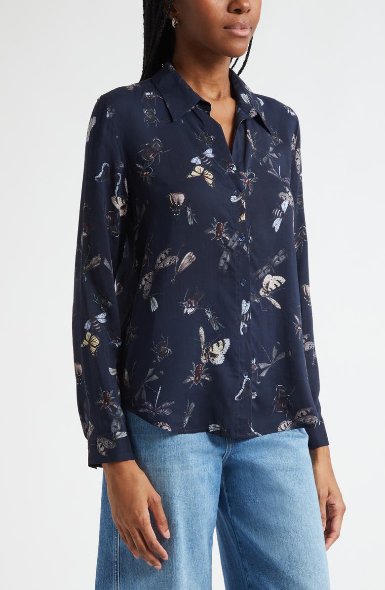L'AGENCE Holly Butterfly Print Button-Up Shirt, Alternate, color, Midnight Multi Beetles