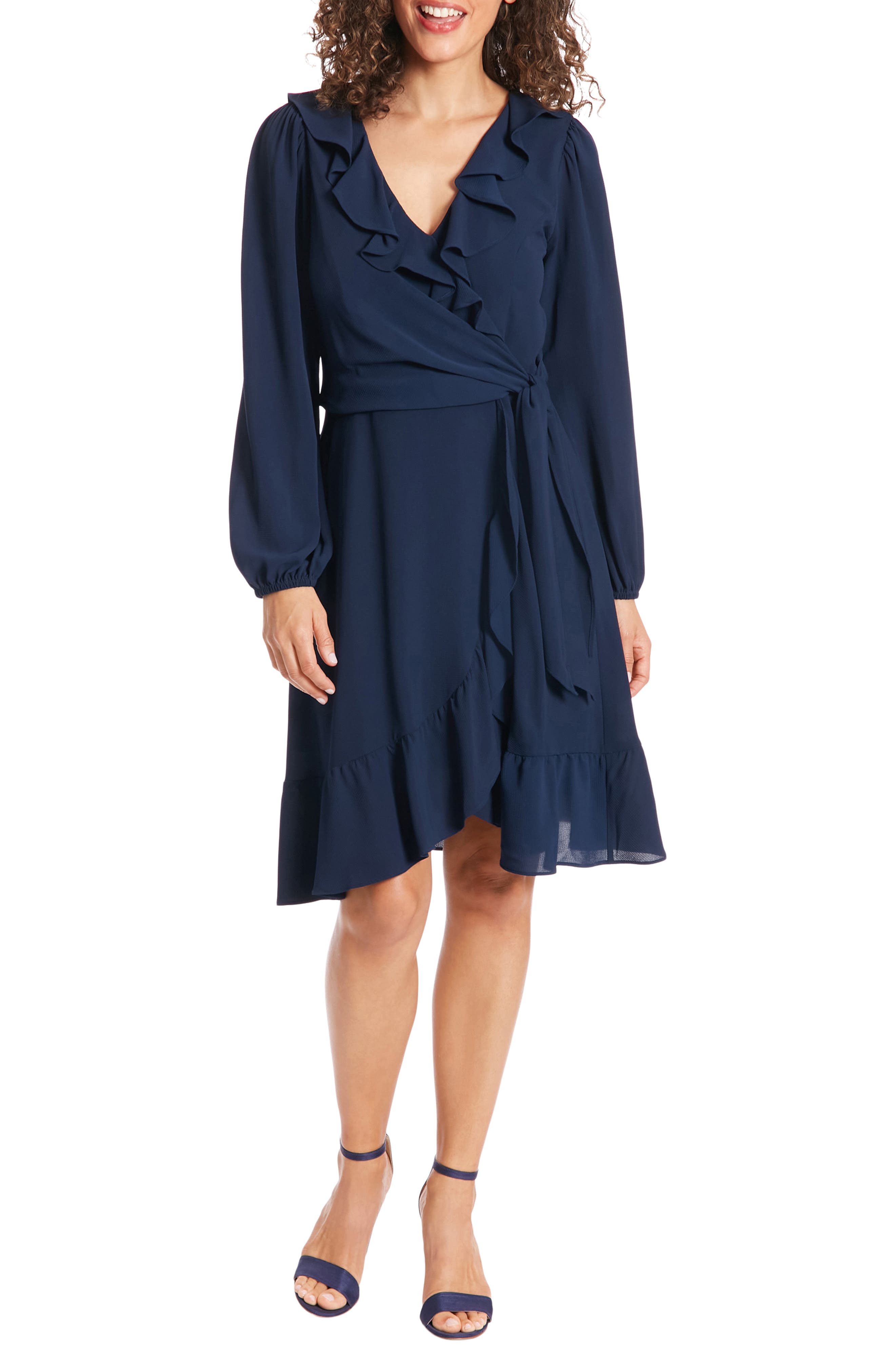 London Times Catalina Long Sleeve Ruffle Wrap Dress