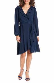 London Times Catalina Long Sleeve Ruffle Wrap Dress