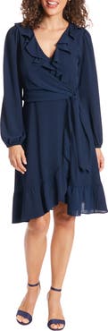 London Times Catalina Long Sleeve Ruffle Wrap Dress