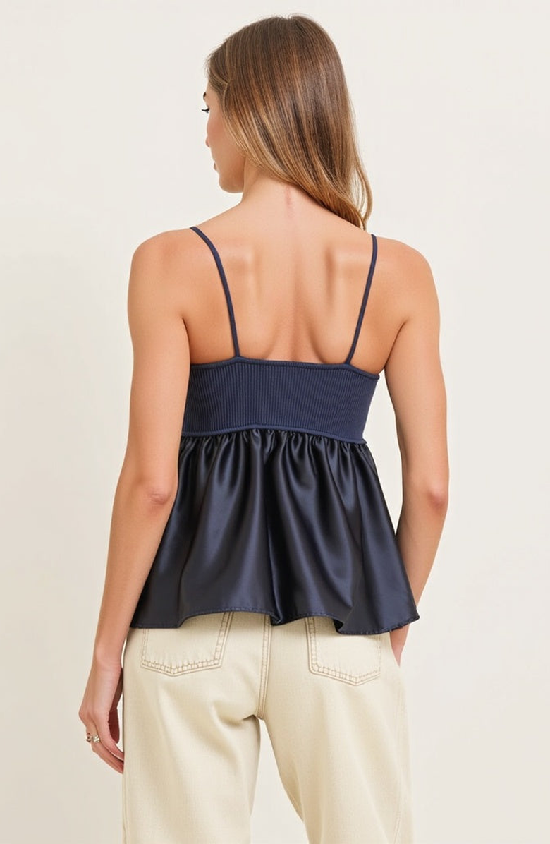 Modenaire Knit Ribbed Bodice Satin Babydoll Cami Top, Alternate, color, Navy Blue