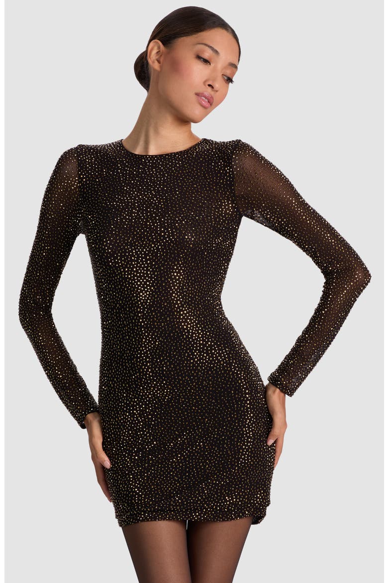 Delora Beaded Long Sleeve Minidress, Alternate, color, BLACK/ DORADO