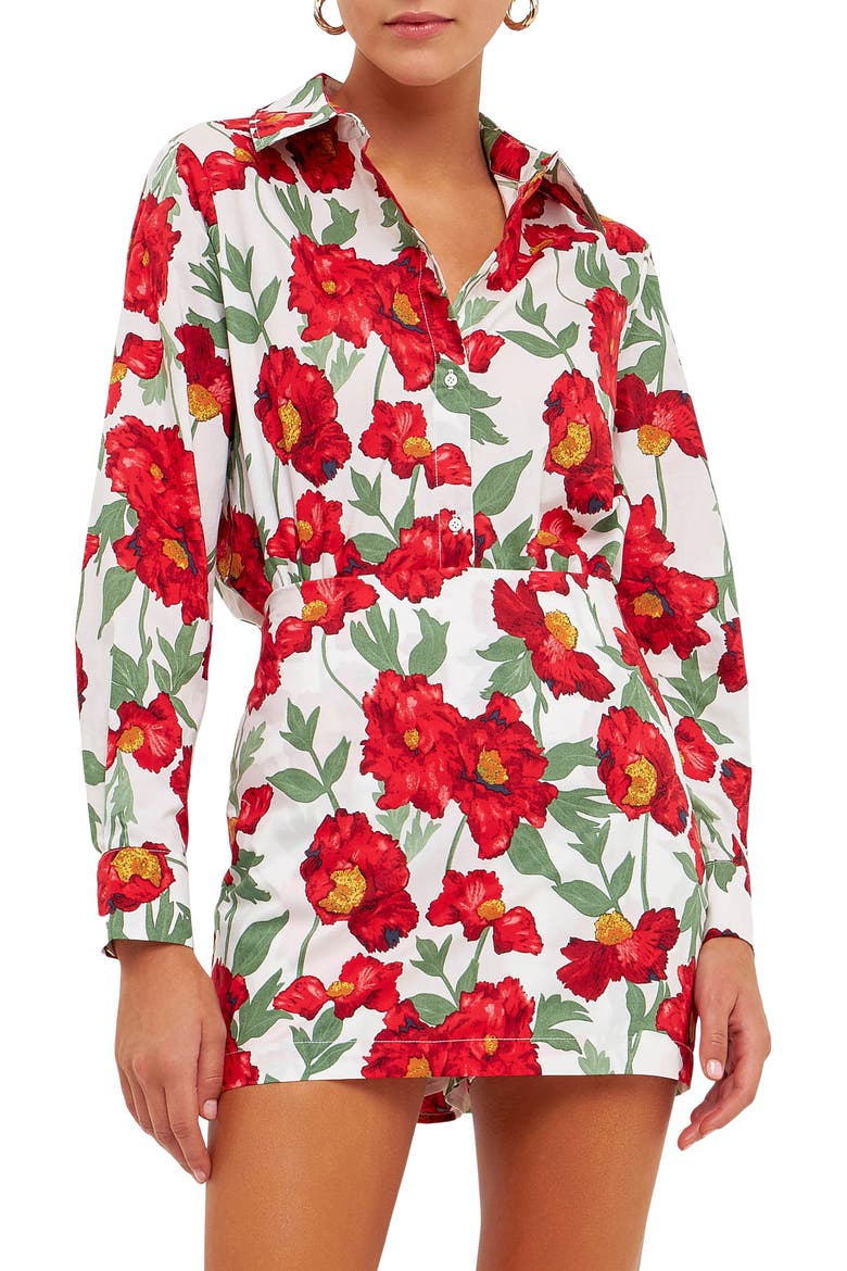 Floral Cotton Button-Up Shirt, Main, color, WHITE/ RED