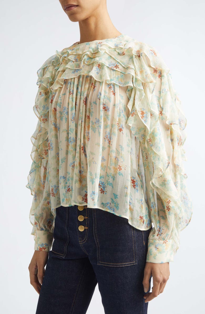 Ulla Johnson Willow Floral Ruffle Trim Silk Top, Alternate, color, Moon Petal