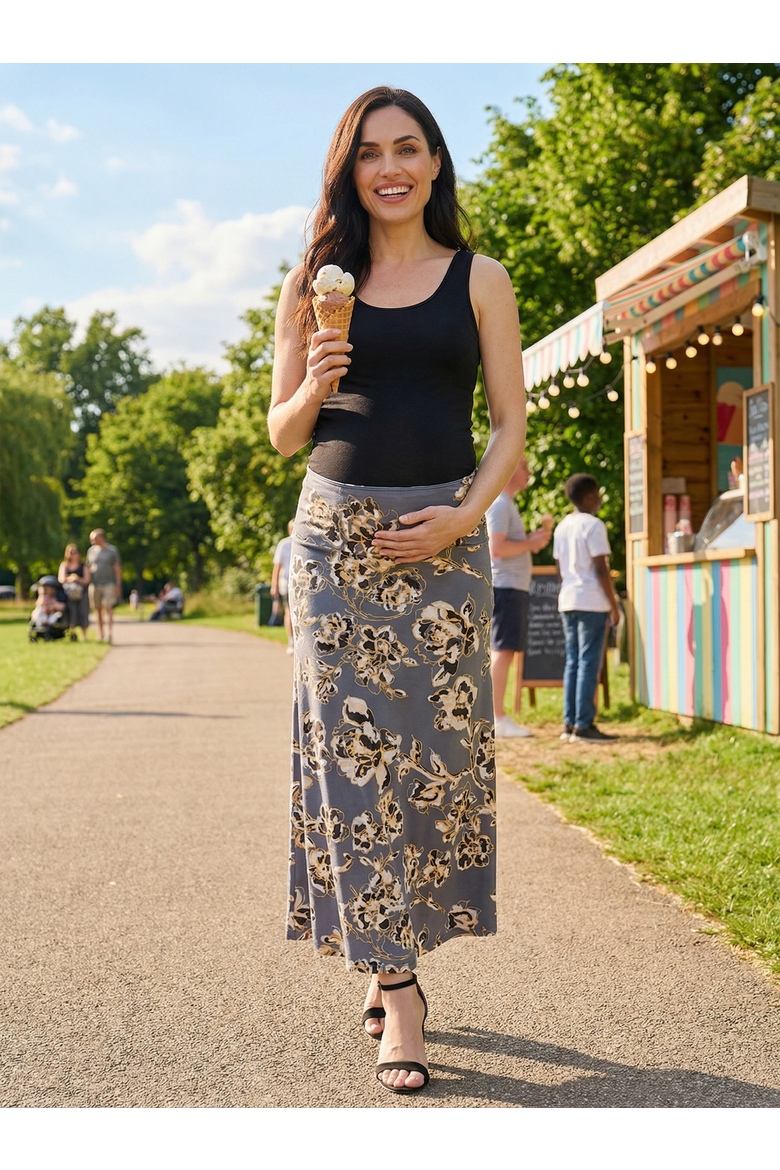 Maternity Floral Elastic Waist A-Line Maxi Skirt, Alternate, color, Grey Multi