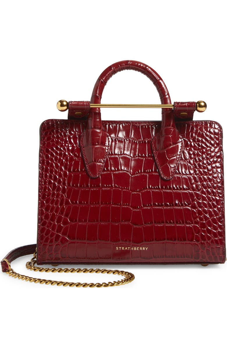 Strathberry Nano Croc Embossed Leather Tote, Main, color, Oxblood