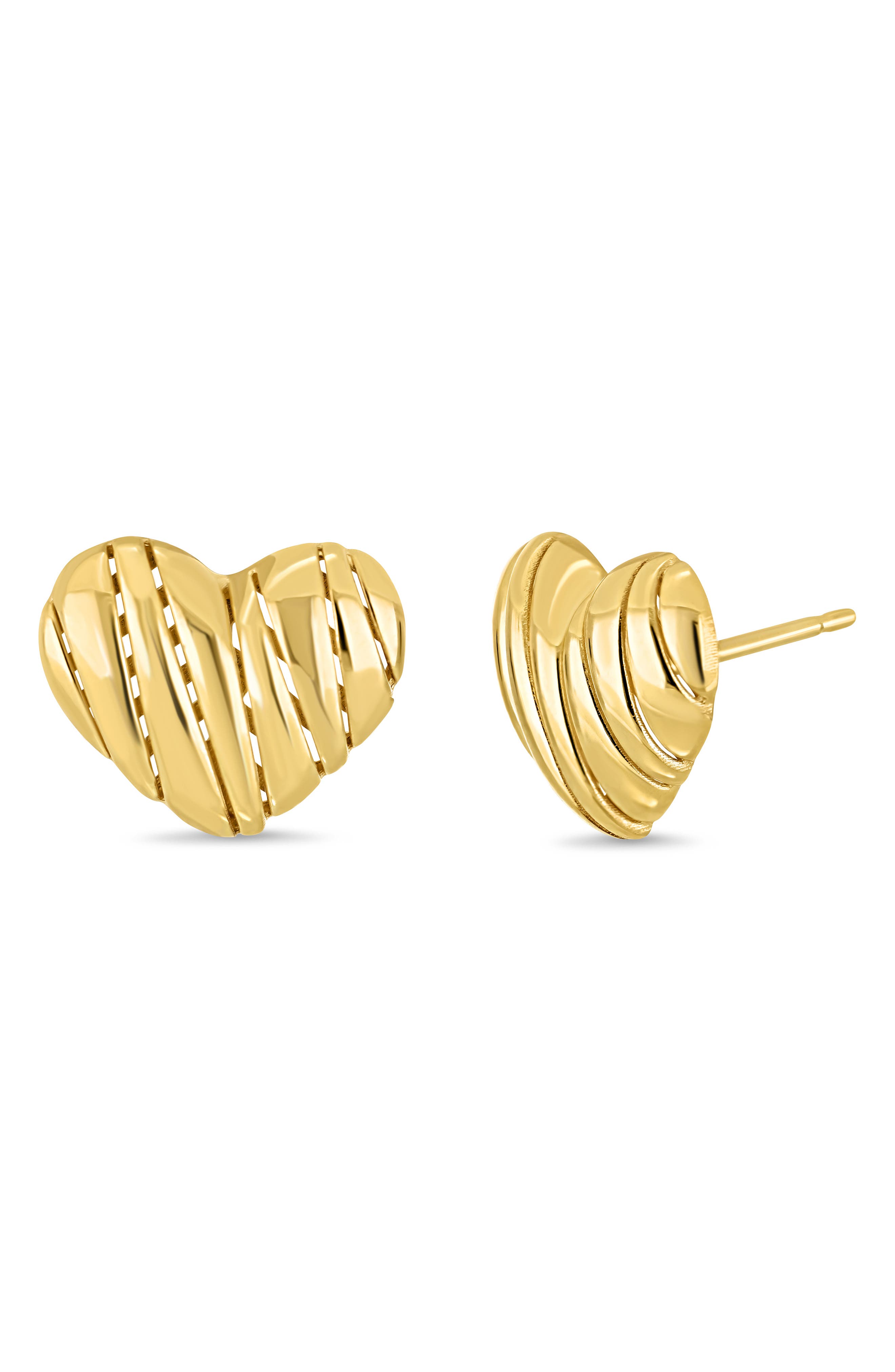 14K Yellow Gold Textured Heart Stud Earrings
