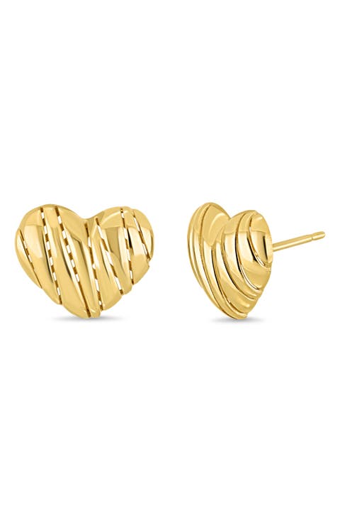 14K Yellow Gold Textured Heart Stud Earrings