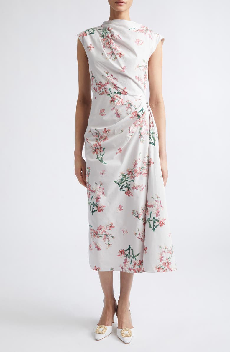 Erdem Floral Organic Cotton Midi Dress, Main, color, Painted Orchid Petal Pink