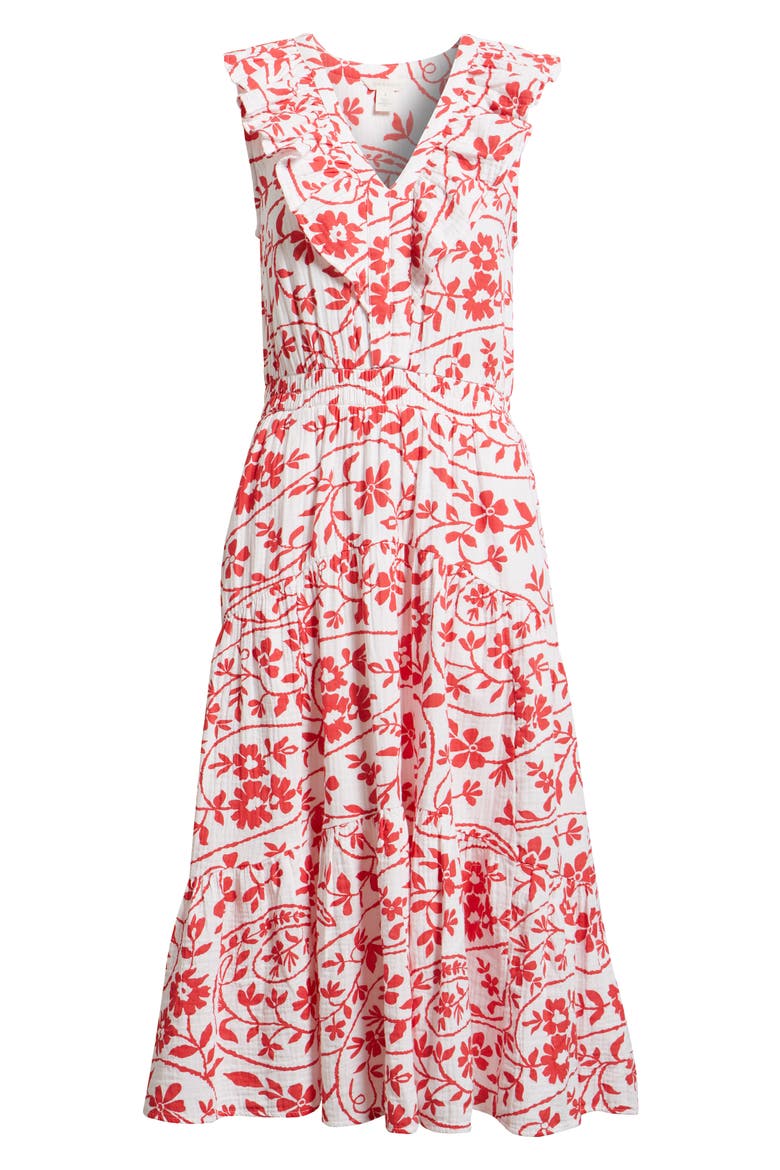 Ruffle Sleeveless Tiered Cotton Midi Dress, Alternate, color, WHITE- RED FLOWER PAISLEY