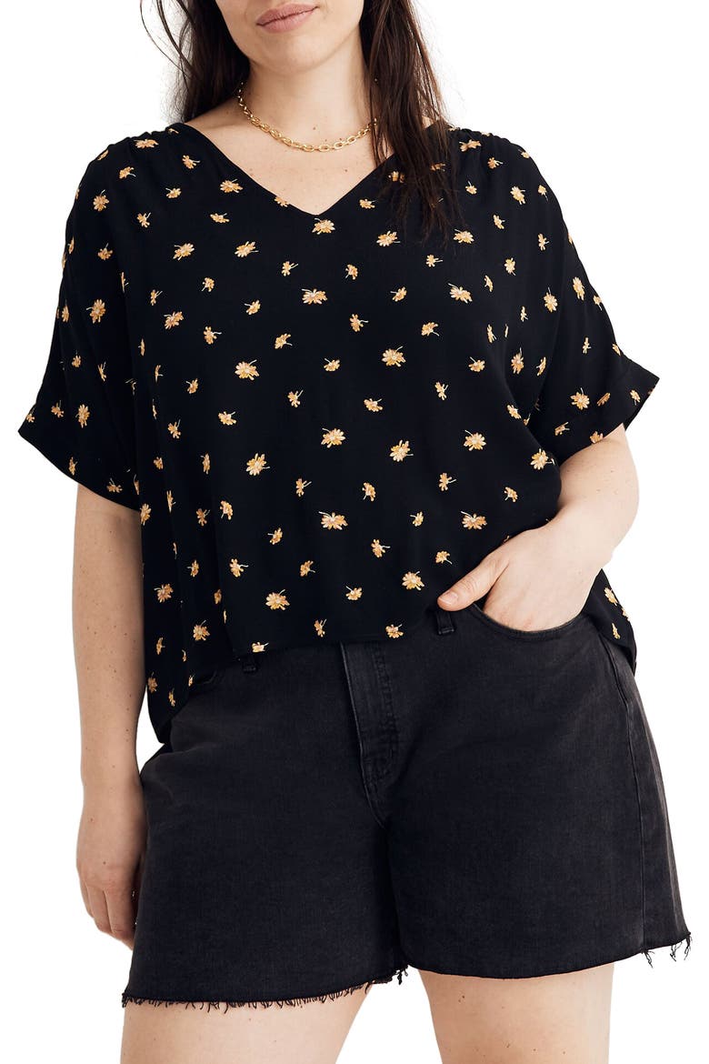 French Daisies Drapey V-Neck Button Back Top, Alternate, color, MARGUERITE DAISY - TRUE BLACK