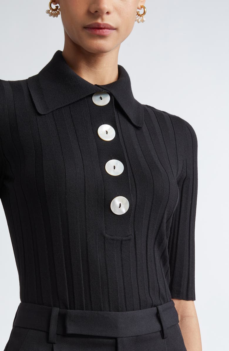 NACKIYÈ Sugarman Rib Merino Wool Polo Sweater, Alternate, color, Noir