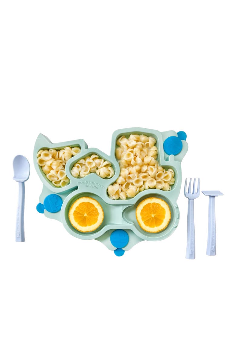 Constructive Eating Truck Theme Divided Suction Training Plate and Utensils for Kids and Toddlers, Alternate, color, Teal