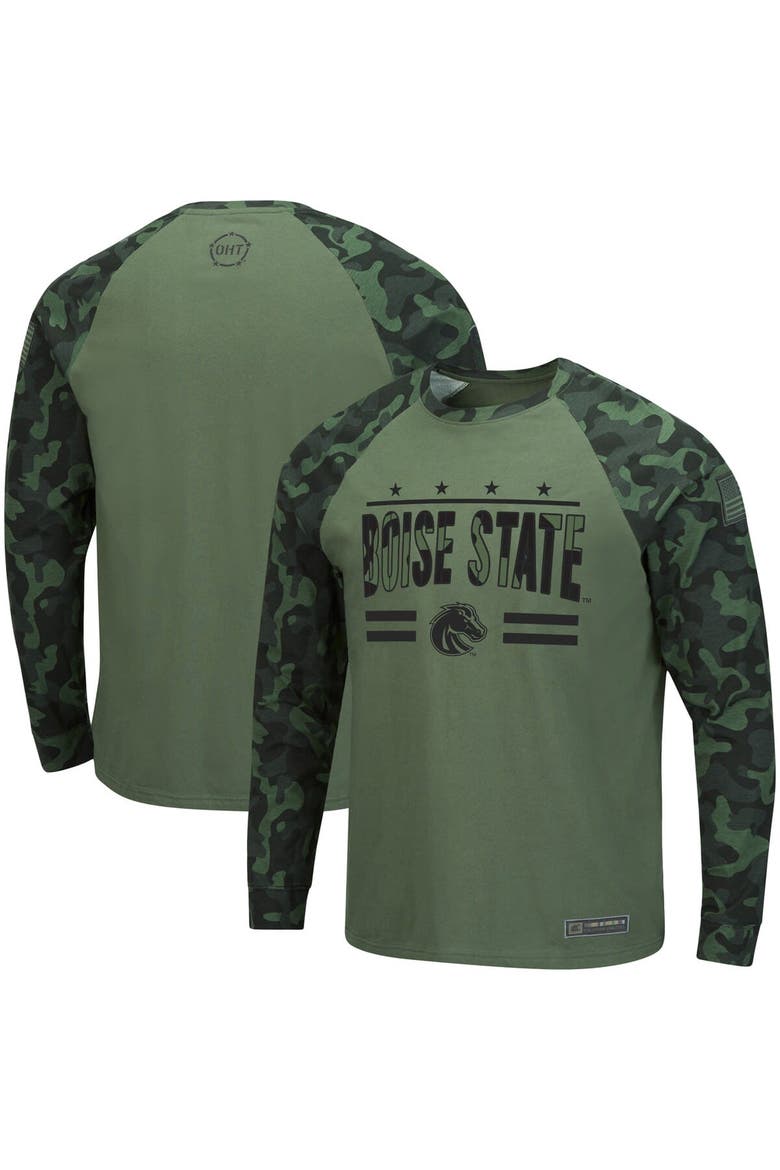 Men's Colosseum Olive/Camo Boise State Broncos OHT Military Appreciation Slim-Fit Raglan Long Sleeve T-Shirt, Main, color, Olive