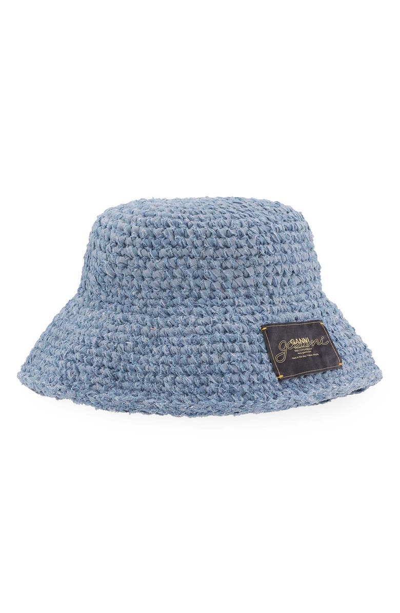 Ganni Hand-Knit Denim Bucket Hat, Main, color, Light Indigo