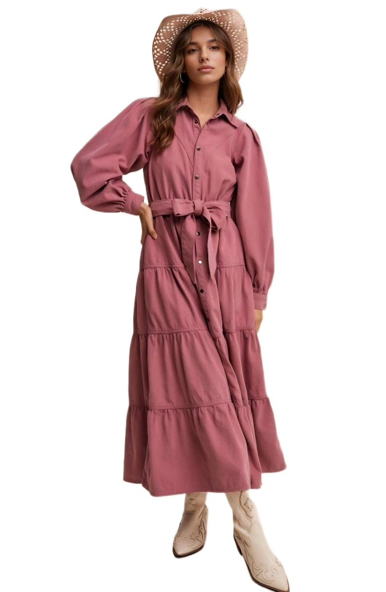 Knit and Lounge Rose Tiered Belted Button Down Maxi Shirt Dress, Alternate, color, Rose