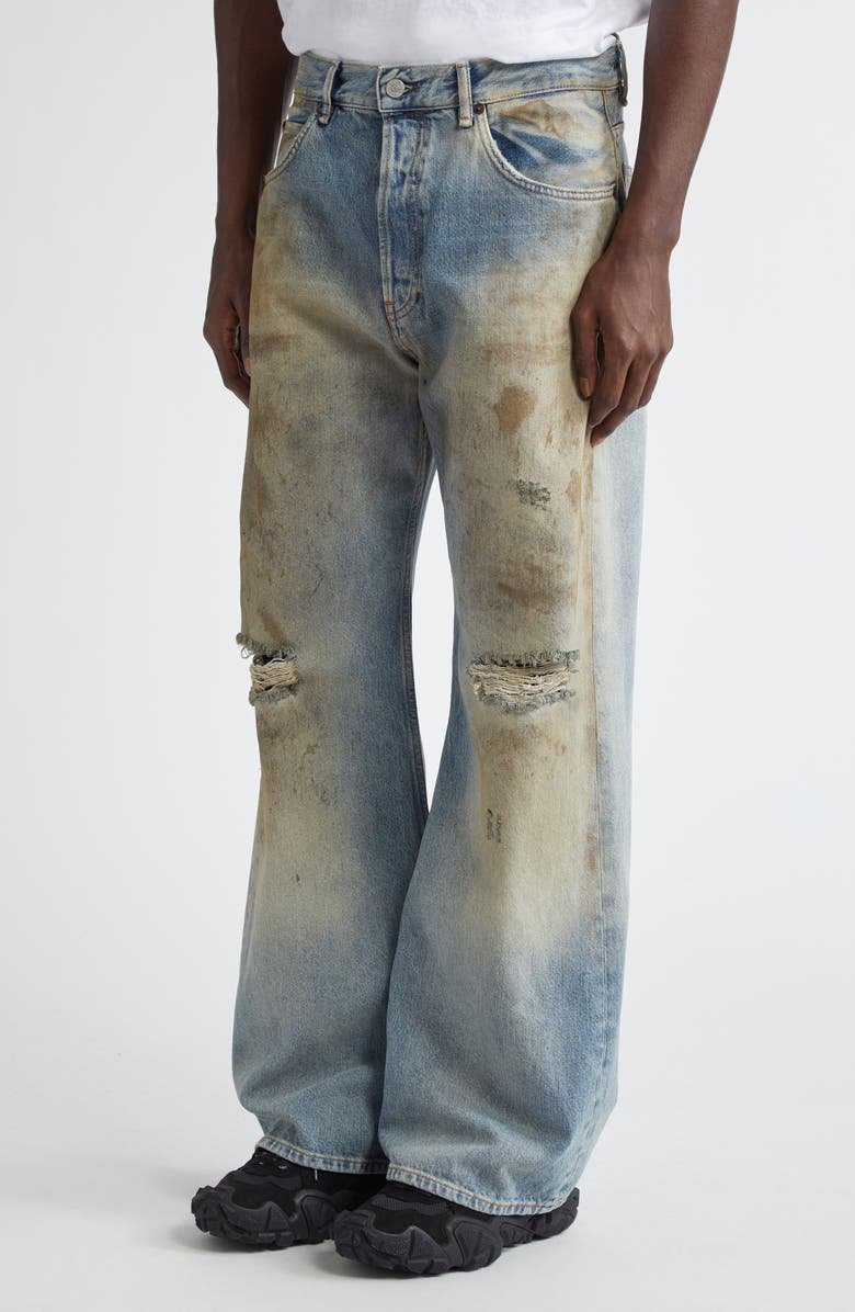 Acne Studios 2021 Penicillin Distressed Loose Fit Wide Leg Jeans, Alternate, color, Mid Blue