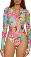 Trina Turk Half Zip Long Sleeve One-Piece Rashguard Swimsuit