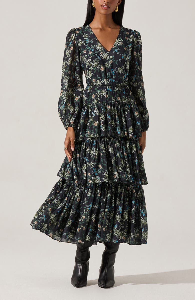 ASTR the Label Franchesca Floral Long Sleeve Tiered Cotton Blend Dress, Alternate, color, Black Green Floral