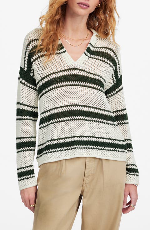 Stripe Johnny Collar Open Stitch Sweater