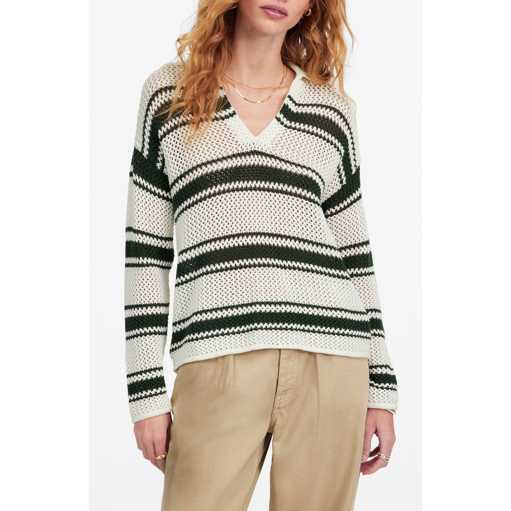 Madewell Stripe Johnny Collar Open Stitch Sweater In White